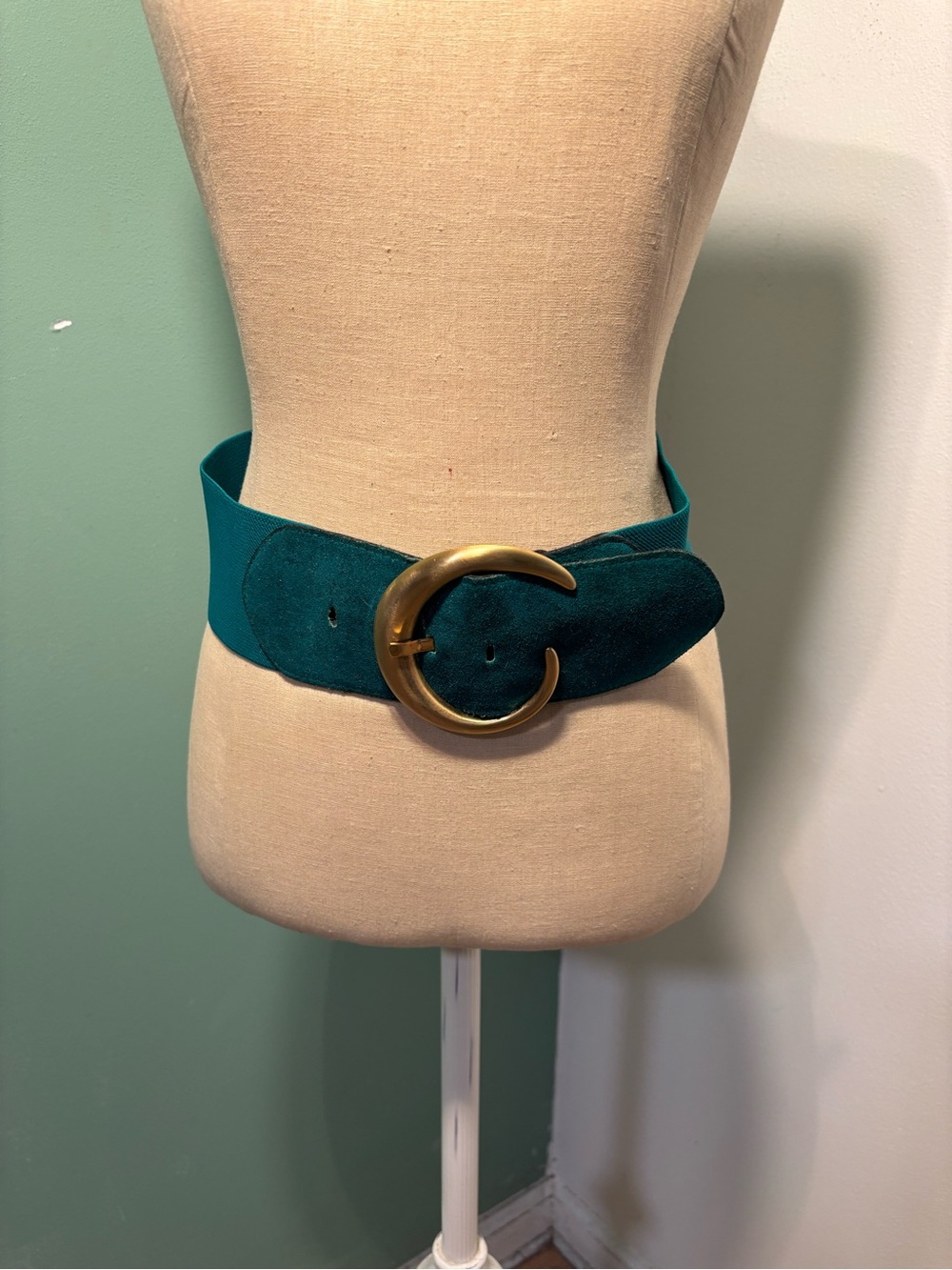 Vintage 1980’s Wide Teal Suede and Elastic Waist Belt with Gold Crescent Buckle